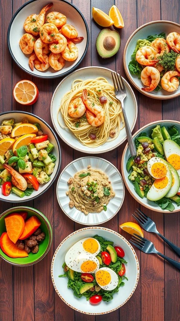 A selection of low-carb recipes including shrimp, zucchini noodles, and avocado salad on a wooden table.